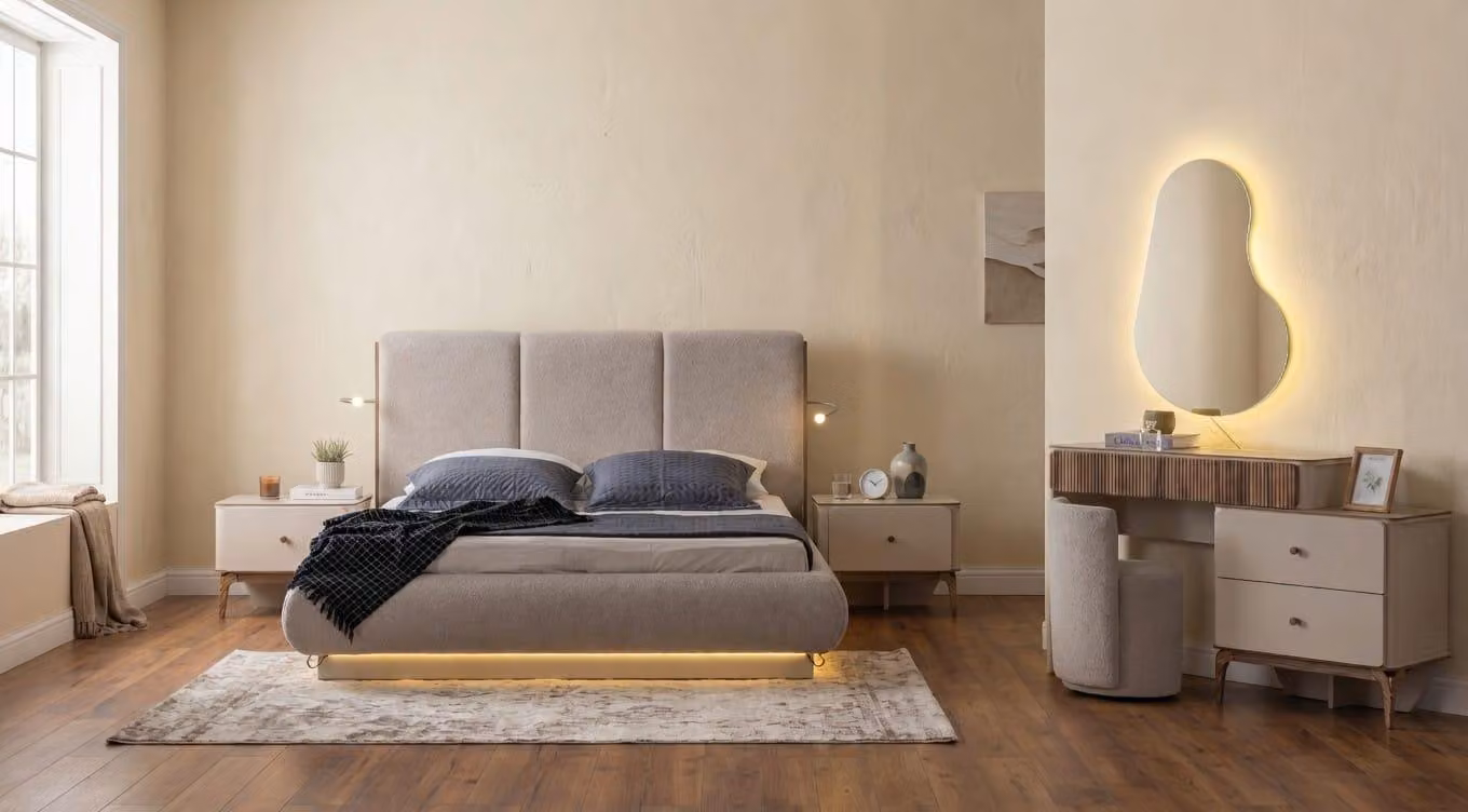 Set completo per camera da letto, con letto, comodini e elegante tavolino da trucco, illuminati con tecnologia LED