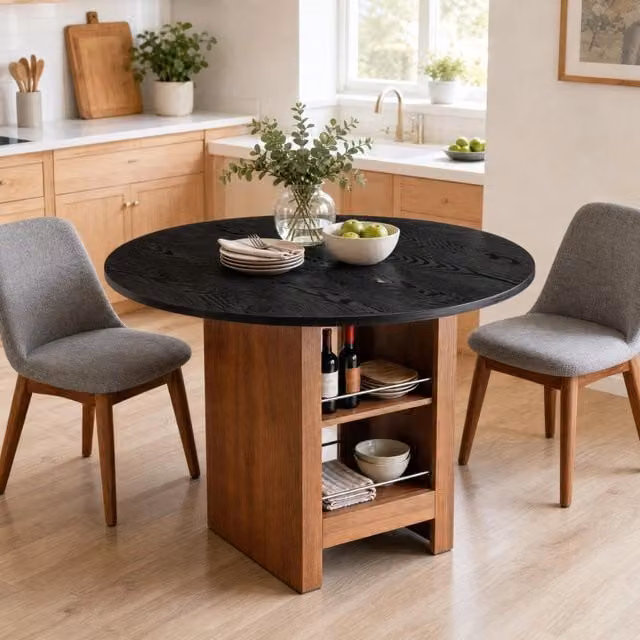 Tavolo da pranzo rotondo Ø100 cm in MDF noce e nero con ripiani