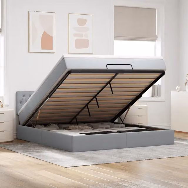 Letto con contenitore a sollevamento vidaXL in tessuto grigio e bianco con materasso L: 180 cm, P: 200 cm, H: 88 cm – 1