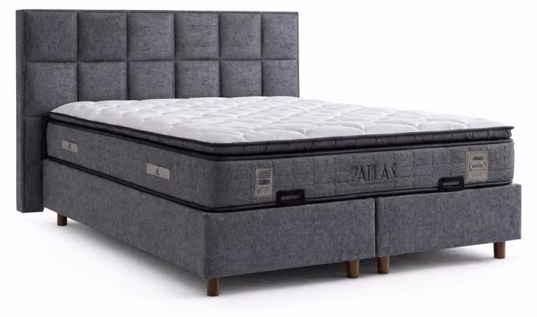 Letto con materasso grigio, stile moderno, rivestimento in tessuto, con contenitore