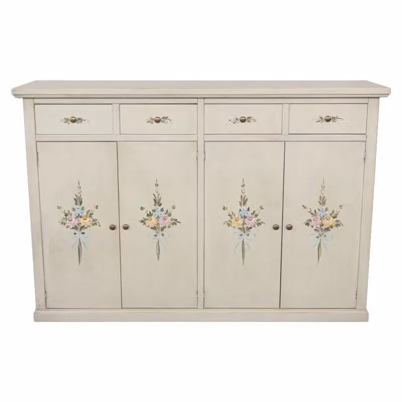 Credenza in legno di pino stile shabby chic bianco anticato decorato con motivi floreali Mobili 2G L/P/H: 160 x 35 x 110 cm – 1