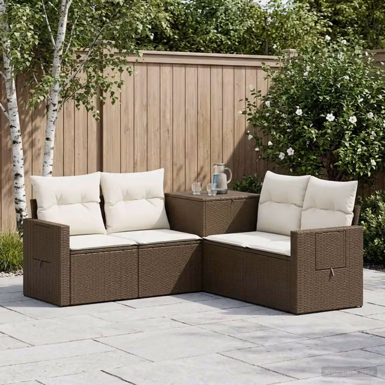 Set di divani da giardino a L vidaXL in polyrattan marrone e bianco con cuscini inclusi