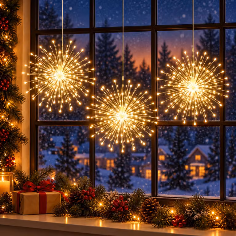 3 catene di luci a LED da 200 luci ciascuna, effetto "esplosione" posteriore, luce bianca calda, ideali per decorazioni natalizie, con filo di rame, adatte per finestre o come lampada a sospensione, con alimentatore, 8 modalità di illuminazione, dimmerabi