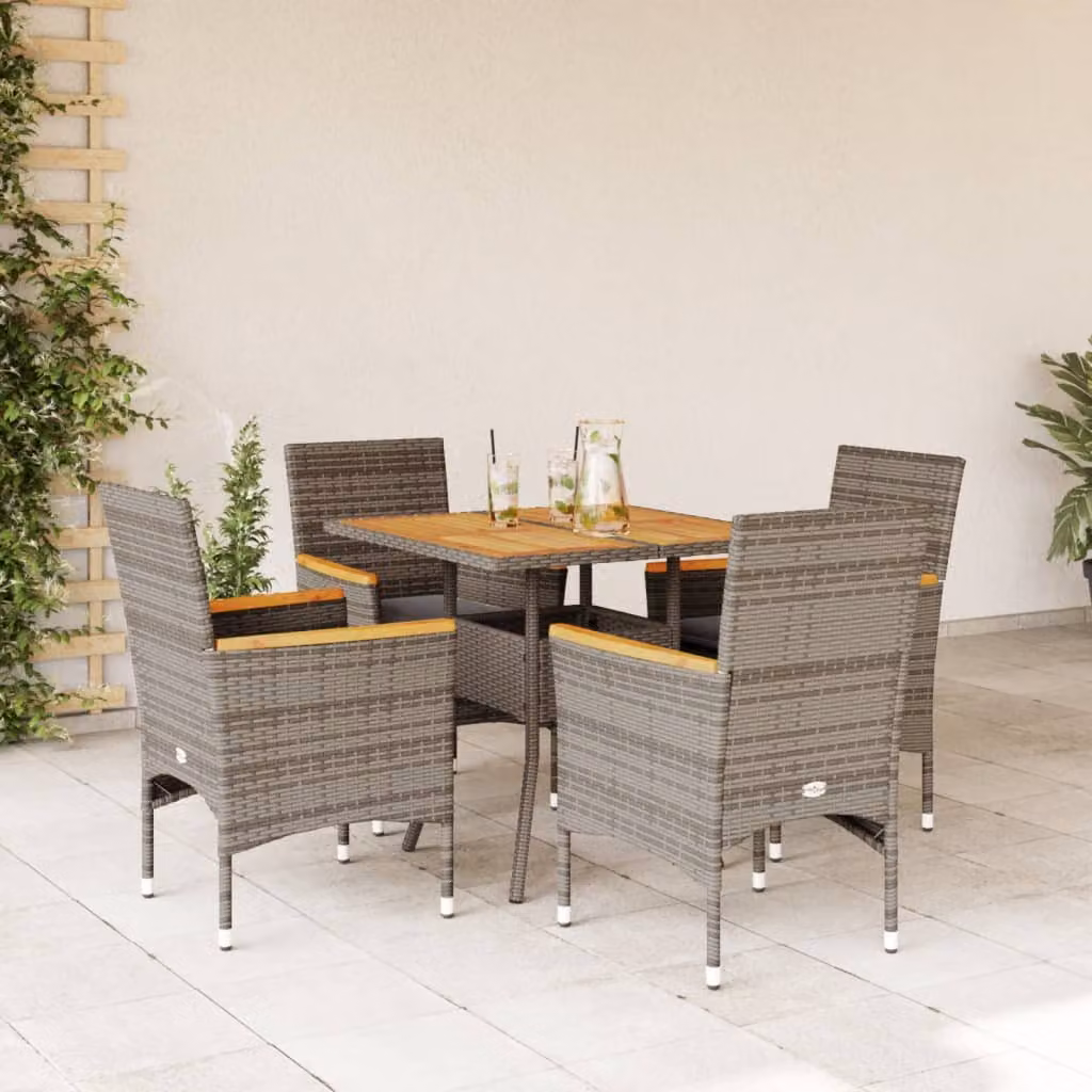 Set Pranzo da Giardino vidaXL in Polyrattan e Legno di Acacia con 5 Pezzi e Cuscini Grigio – 1