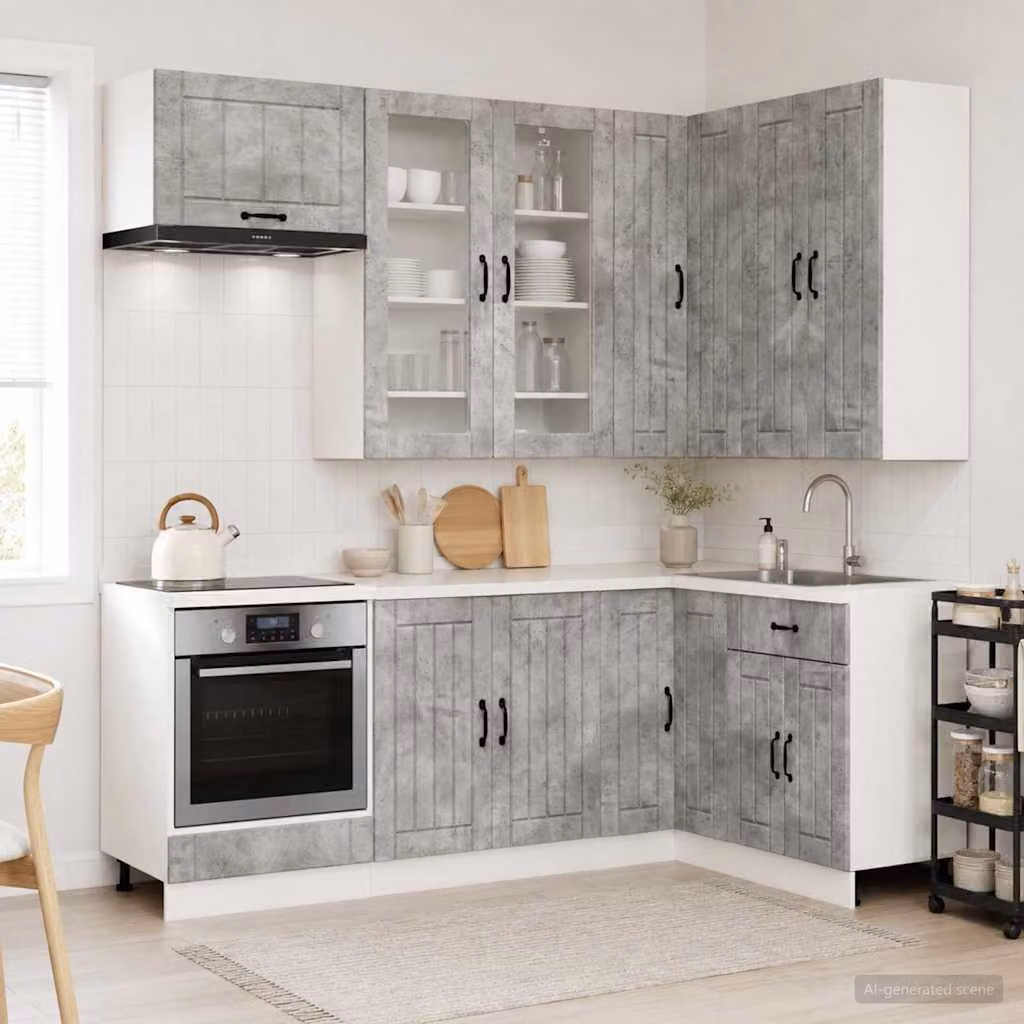 Unità cucina angolare vidaXL LUCCA 8 pz Grigio Cemento e Legno con ante in vetro