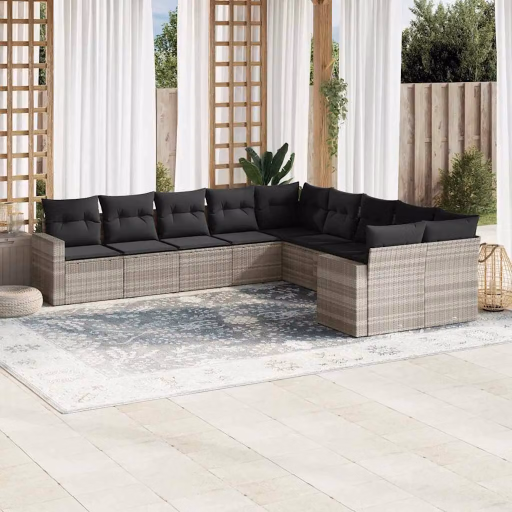 vidaXL Set Divano da Giardino a L in Polyrattan Grigio con 10 Pezzi e Cuscini Imbottiti – 1