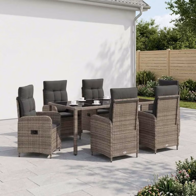 Set da pranzo per esterni vidaXL in polyrattan con tavolo in vetro e 7 sedie, Grigio