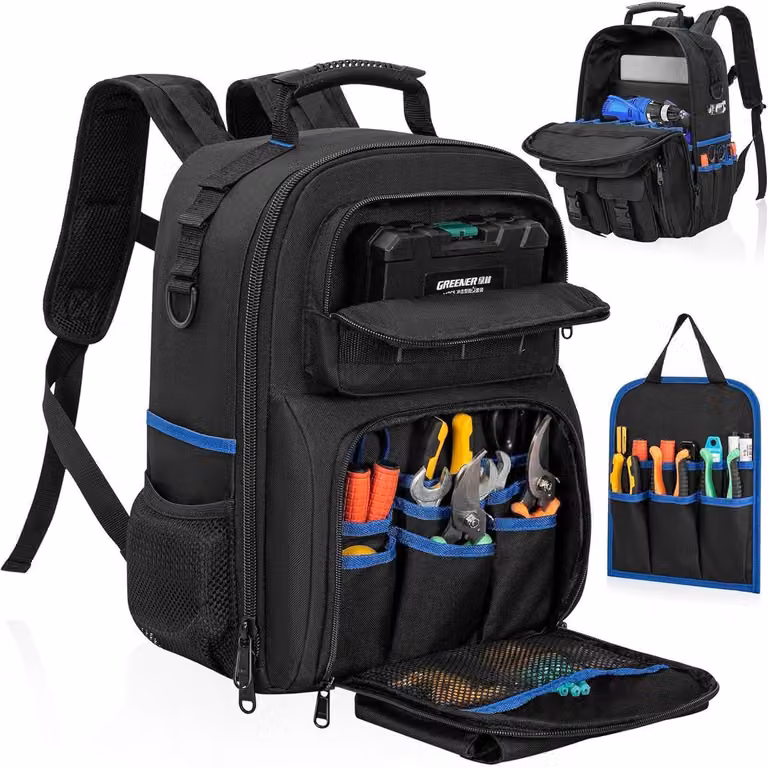Zaino da lavoro impermeabile con organizer, spallacci imbottiti, dimensioni L28 x P23 x H41 cm, colore nero/blu