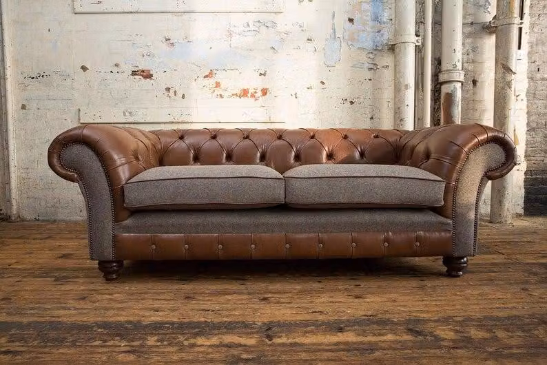 Braune 3 Sitzer Chestrerfield Leder Sofa Couch Polster Garnitur Sofas
