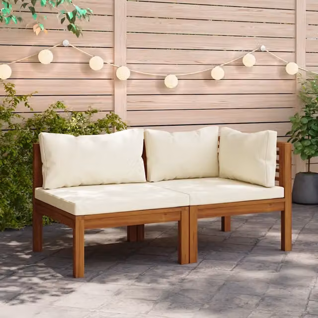Set di Divani da Giardino a L vidaXL in Legno di Acacia con Cuscini Bianco e Beige