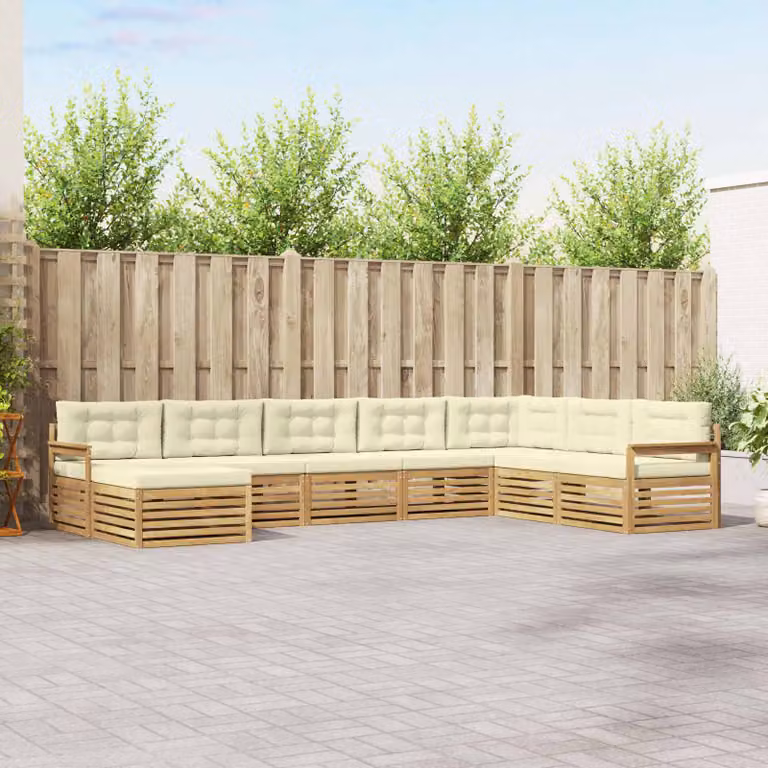 vidaXL Set di divani da esterno a L in legno di acacia con cuscini, 8 pezzi, Bianco e Beige