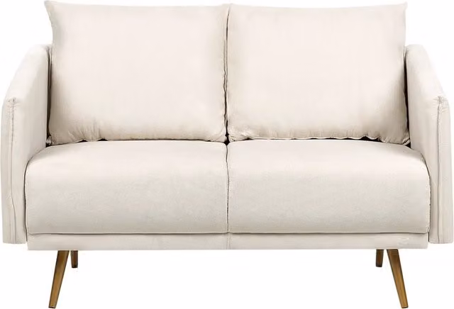 Divano Tessuto Beige 2 Posti Schienale Imbottito Gambe In Metallo Dorato Retrò Glam