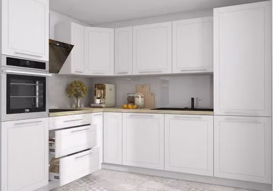 Mobile da cucina a L Piano di lavoro KVANTUM 230x270cm Frontali MDF bianco opaco Guida a estrazione totale REJS