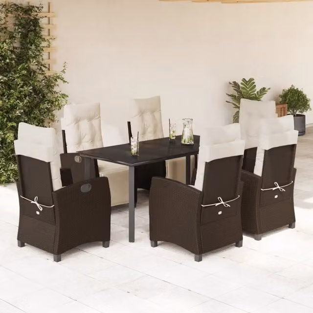 Set da pranzo da giardino vidaXL in polyrattan marrone con tavolo in vetro e 7 pezzi – 1