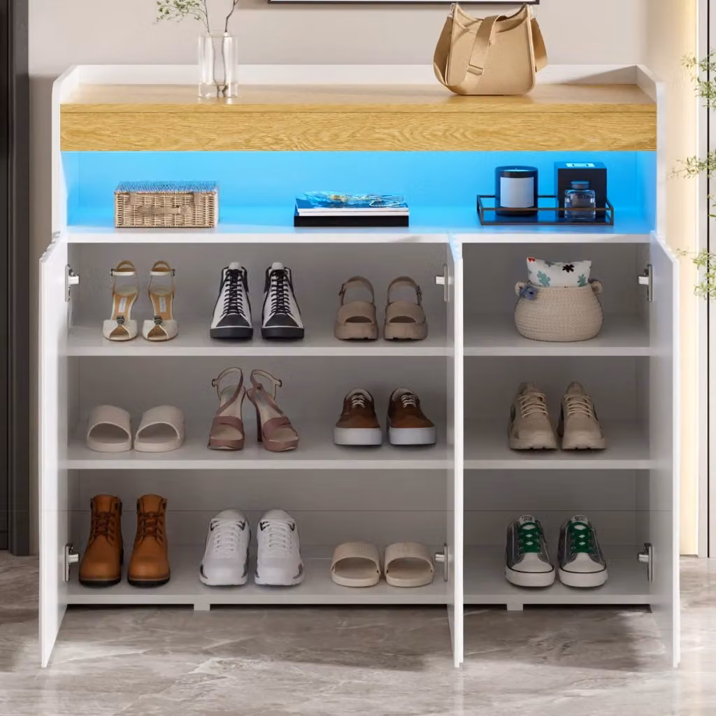 Credenza moderna con illuminazione LED integrata e ripiani regolabili in MDF bianco e finitura opaca – 2