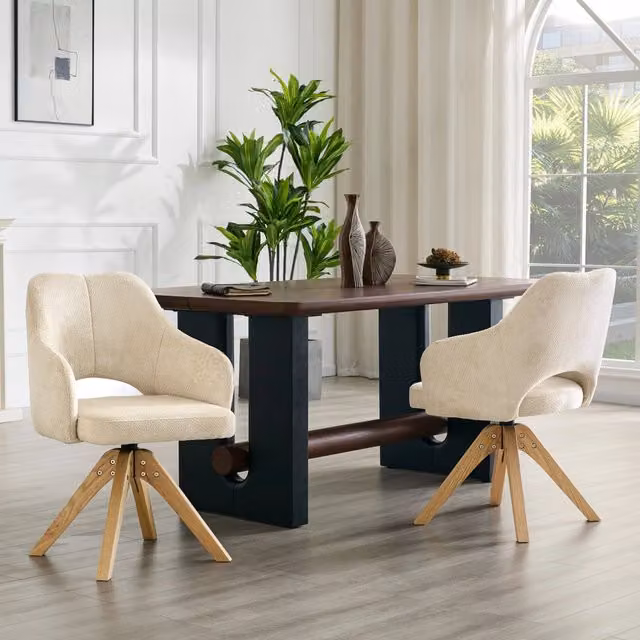Set da 2 sedie girevoli REDOM in tessuto strutturato beige e bianco con gambe in legno massello in stile scandinavo – 1