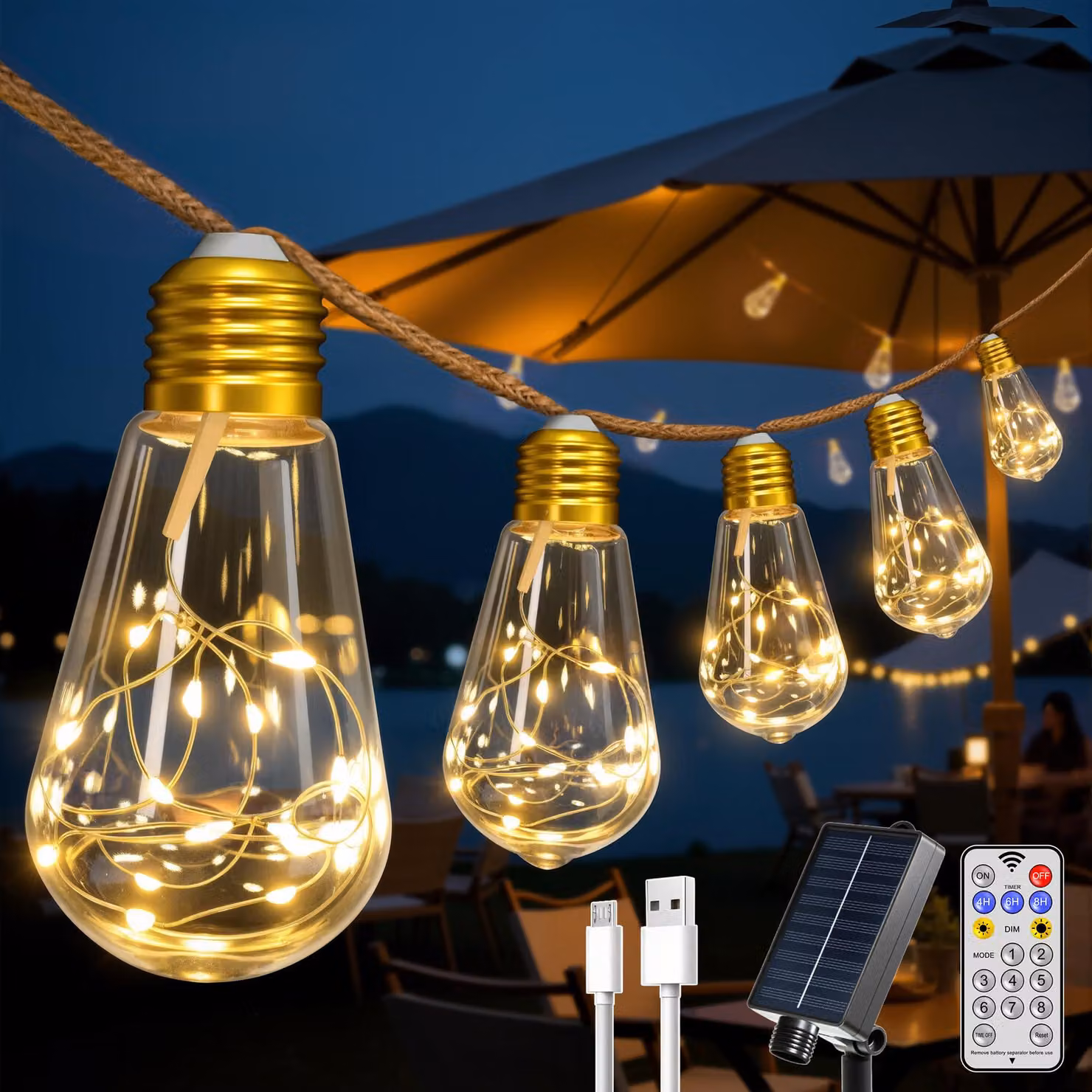 Catena luminosa solare con 50 LED, lunghezza 3 metri, luce bianco caldo, dimmerabile, con telecomando