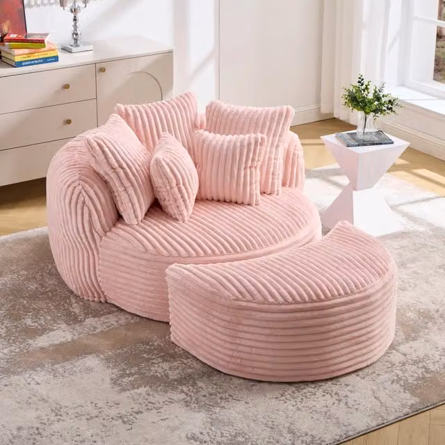 Desviae Poltrona da lettura rotonda con poggiapiedi in ciniglia rosa e 5 cuscini per soggiorno e camera da letto
