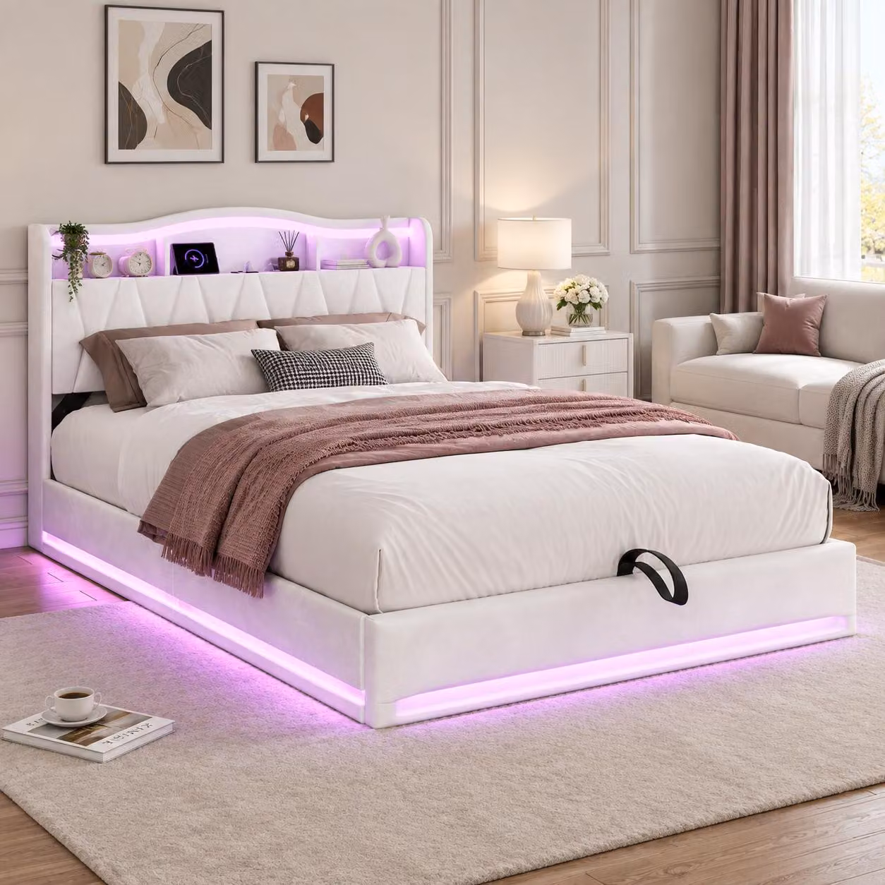 Letto idraulico INONEFT, 140 x 200 cm, letto imbottito con USB e LED, letto per adulti con spazio contenitore e rete a doghe, letto matrimoniale, velluto, color crema