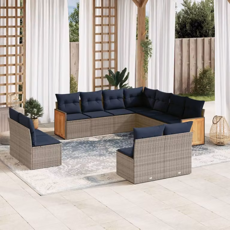 Set di divani da giardino vidaXL in polyrattan grigio con 11 pezzi e cuscini inclusi