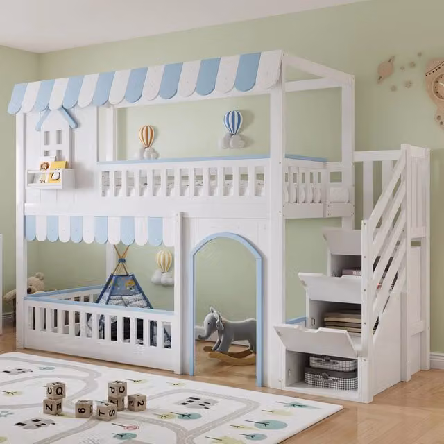 Letto a castello per bambini con scala armadio e finestre, 90x200 cm, bianco/blu