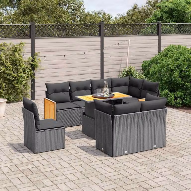 vidaXL Set Divani da Giardino 9 pz a Forma a U in Polyrattan Nero con Cuscini e Tavolino da Esterno