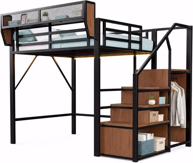 Letto a castello REDOM in metallo nero con scala e illuminazione LED L/P/H: 200 x 140 x 191 cm