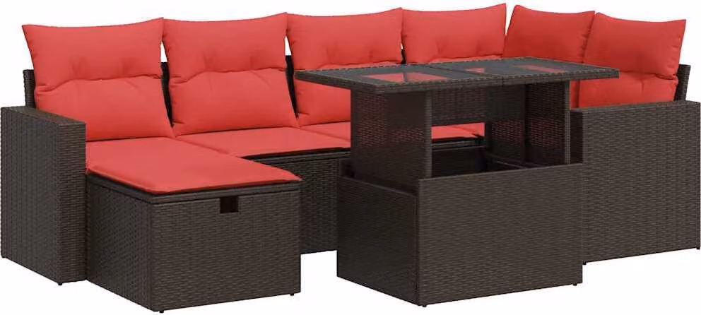 Set Divani da Giardino con Cuscini 7pz Marrone Polyrattan Acacia