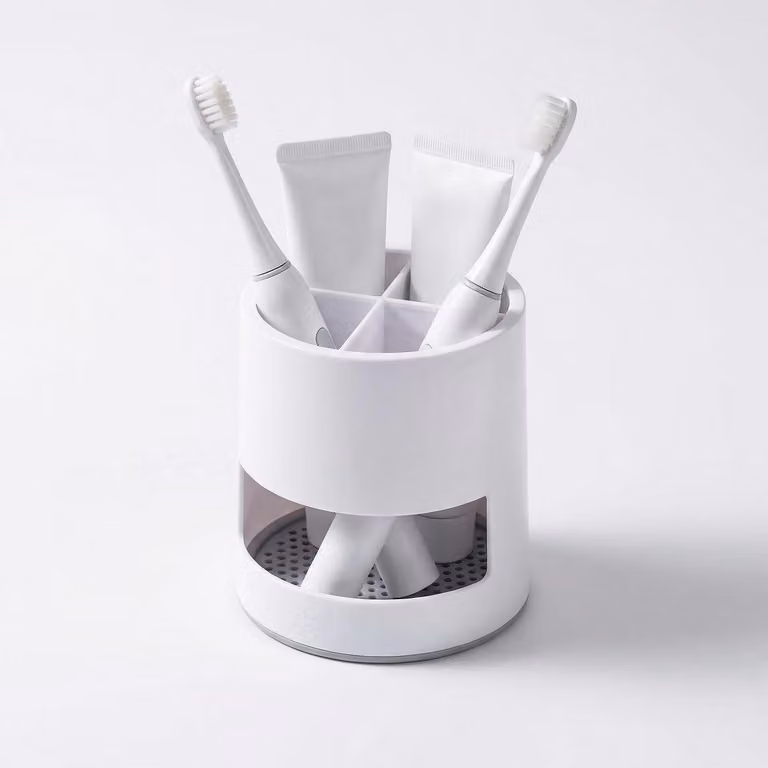 Porta spazzolini da denti, organizer da pavimento per bagno, lavabo, in plastica, con 4 scomparti, colore bianco