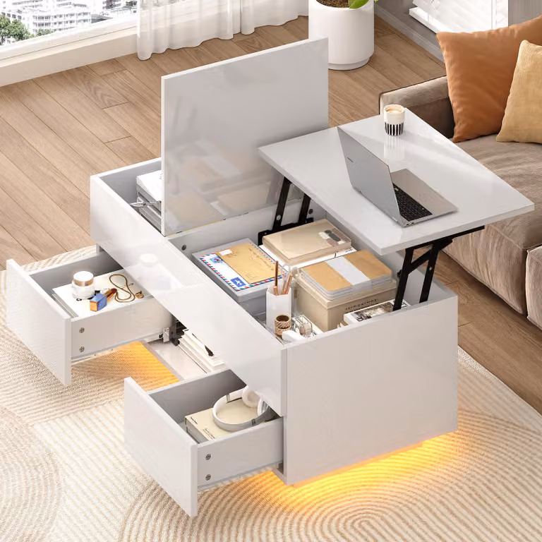 Tavolino Merax lucido con LED, tavolino da divano regolabile in altezza con 2 cassetti e vano portaoggetti, tavolino da salotto con piano ribaltabile, bianco