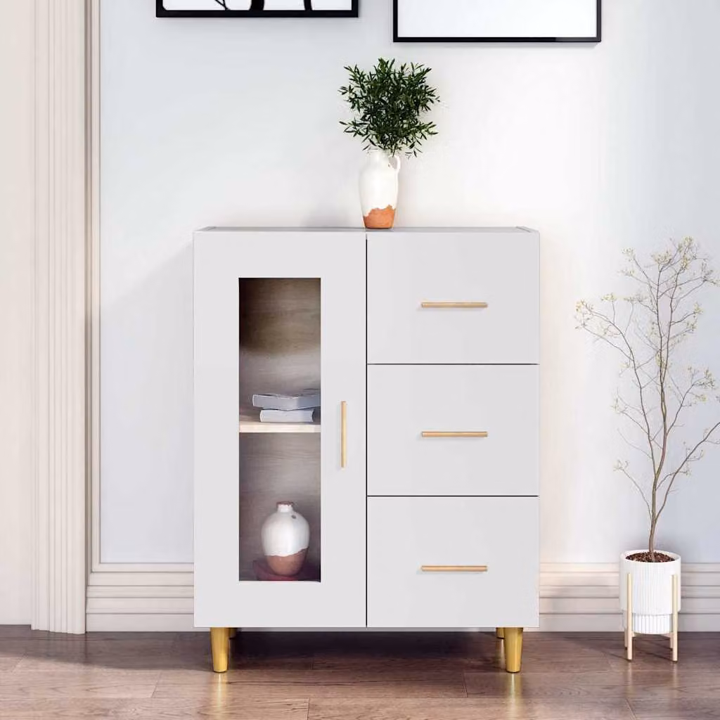 Credenza bianca vidaXL in legno multistrato e vetro L: 69,5 cm, P: 34 cm, H: 90 cm