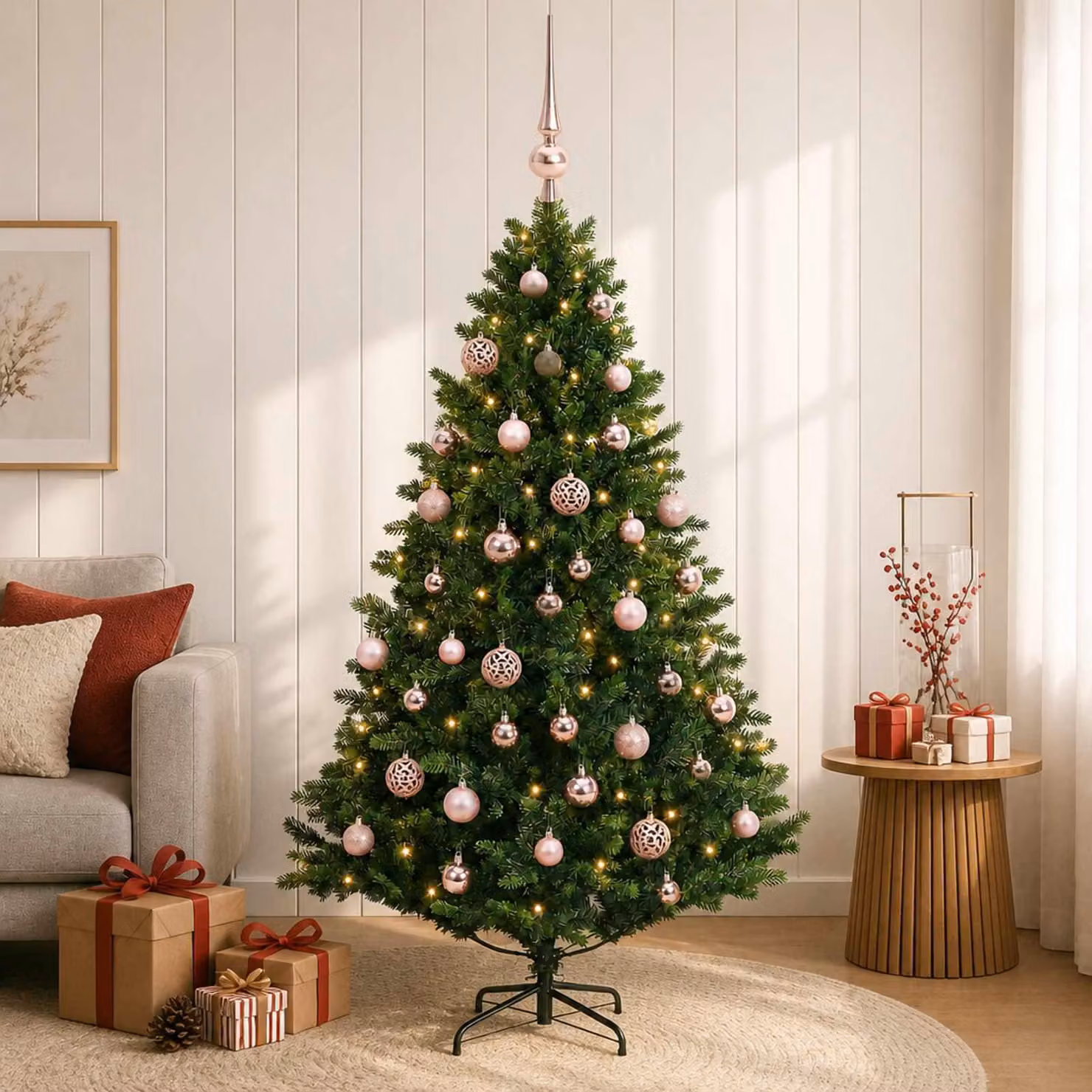 Albero di Natale artificiale con decorazioni a forma di sfera natalizia, altezza 120 cm, con 150 luci a LED