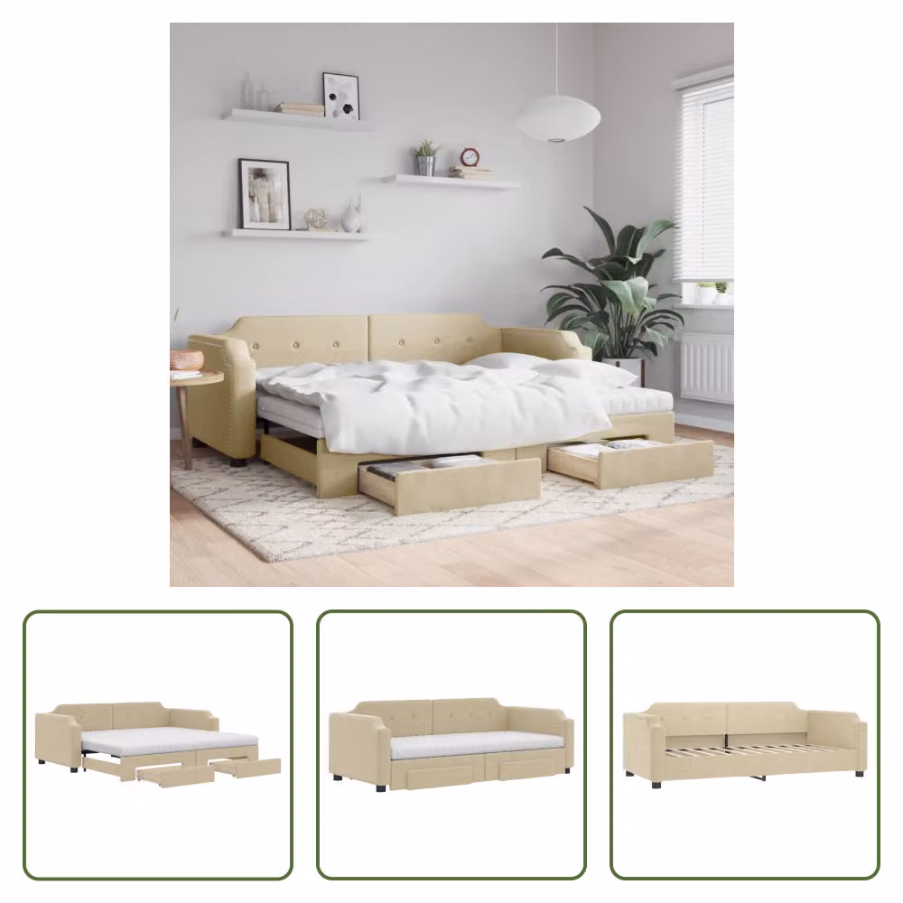 The Living Store letto da giorno allungabile con cassetti crema 100x200 cm tessuto
