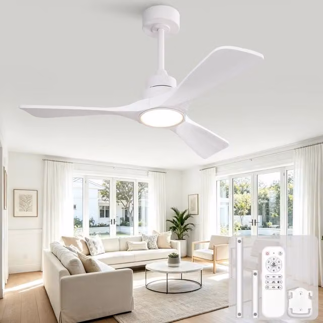 Ventilatore da soffitto moderno bianco con 3 pale in legno massello, motore DC reversibile silenzioso, luce LED dimmerabile e telecomando, diametro 106,68 cm