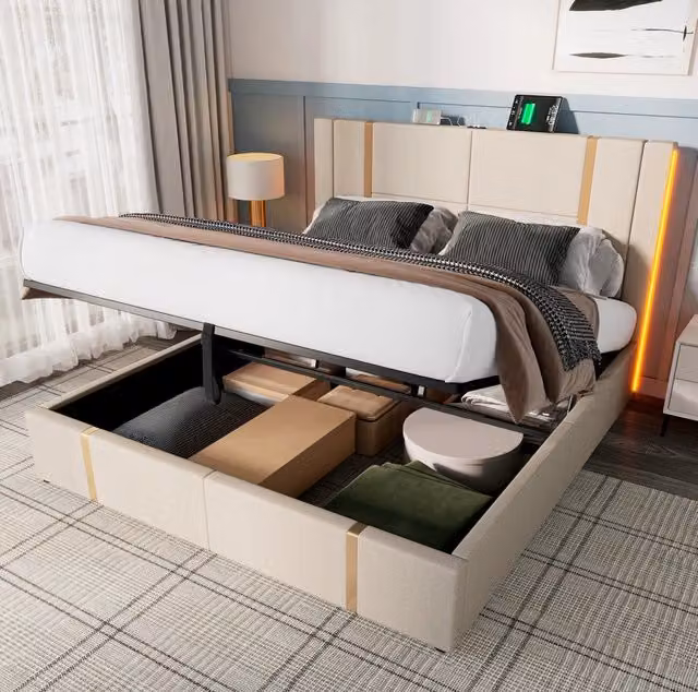 Letto matrimoniale 180x200 cm con contenitore; LED RGB e USB-C; tessuto beige