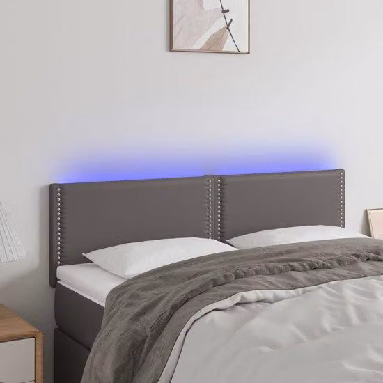 Struttura letto a LED - 144x5x78/88 cm - Pelle finta grigia - Con illuminazione a LED regolabile - Altezza regolabile - Struttura letto moderna