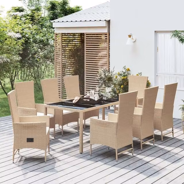 Set da pranzo da giardino vidaXL in legno di acacia oliato con piano in vetro e cuscini beige e bianchi, 9 pezzi