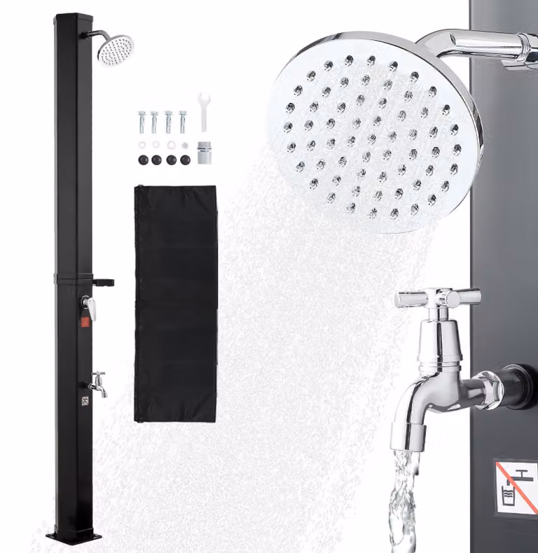 Doccia solare - Doccia da giardino/piscina - Serbatoio acqua 35 L - Altezza 216 cm - Acqua calda e fredda - Con portasapone - Indipendente - Nero