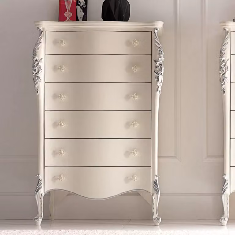Cassettiera classica sagomata in legno con 6 cassetti soft close Mobili 2G bianco argento L: 86 cm, P: 47 cm, H: 132 cm