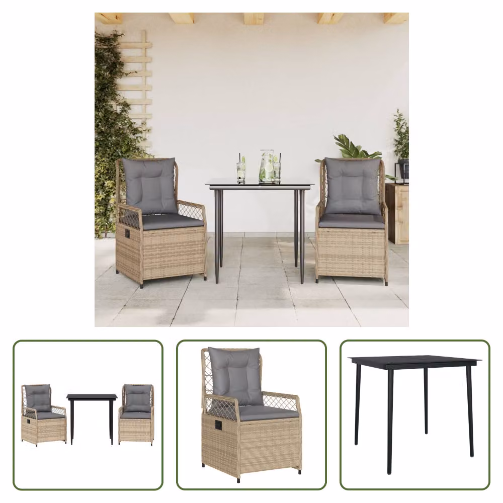 The Living Store Set da pranzo da giardino 3 pezzi con cuscini Beige poly rattan
