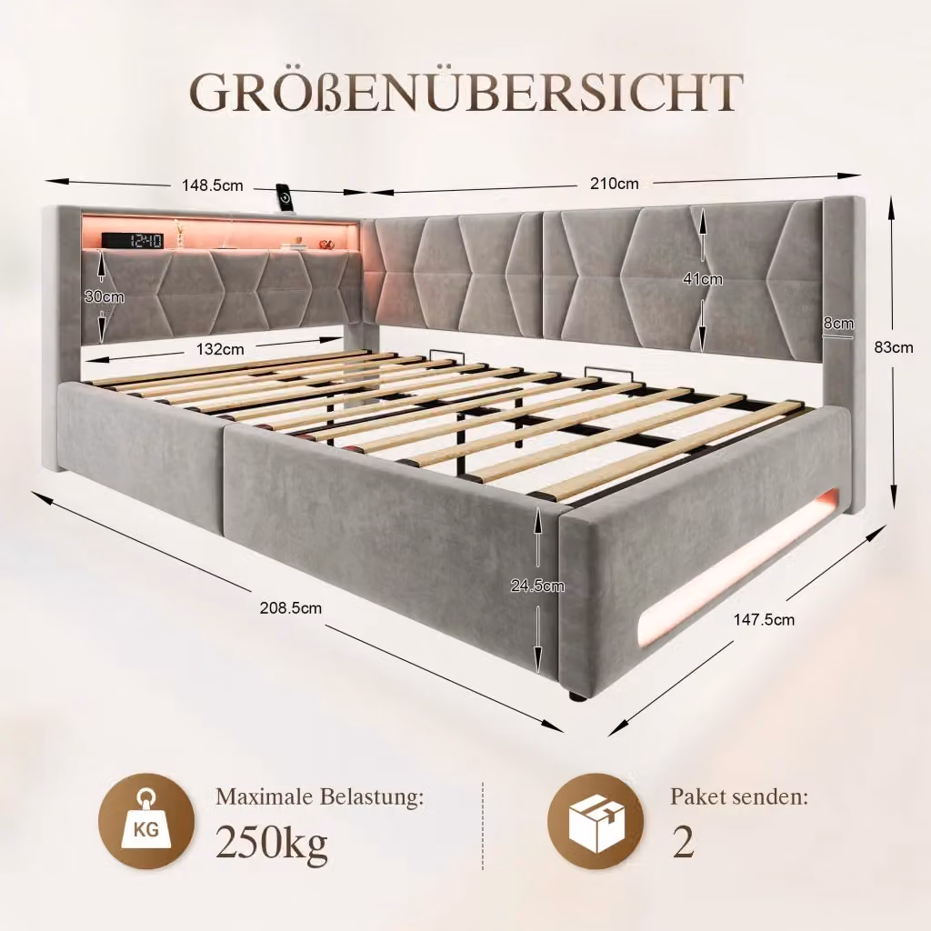 Letto imbottito moderno KOMHTOM in velluto grigio con struttura in metallo e base contenitore, L/P/H: 140 x 200 x 83 cm – 2