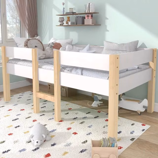 Letto per bambini in pino massello bianco con barriera anticaduta e scaletta, L/P/H: 198 x 90 x 120 cm