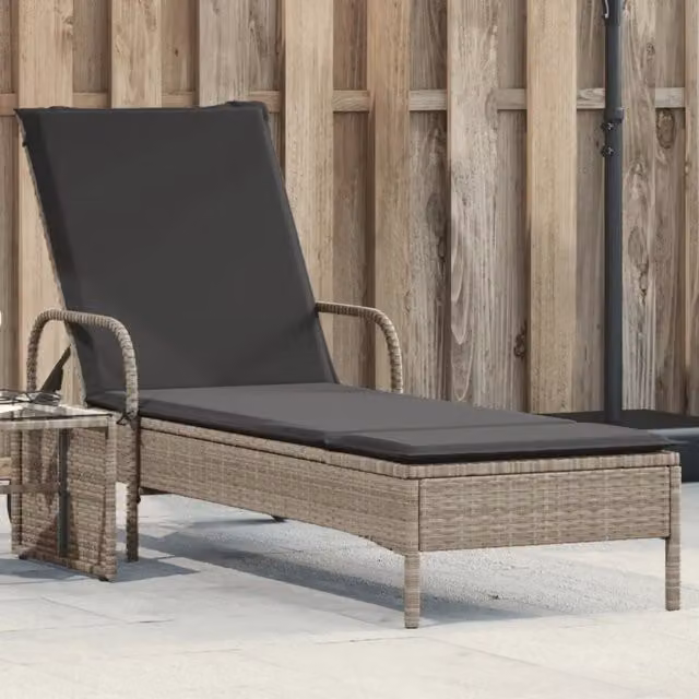 Lettino prendisole con ruote e cuscino vidaXL in polyrattan grigio con poggiatesta regolabile