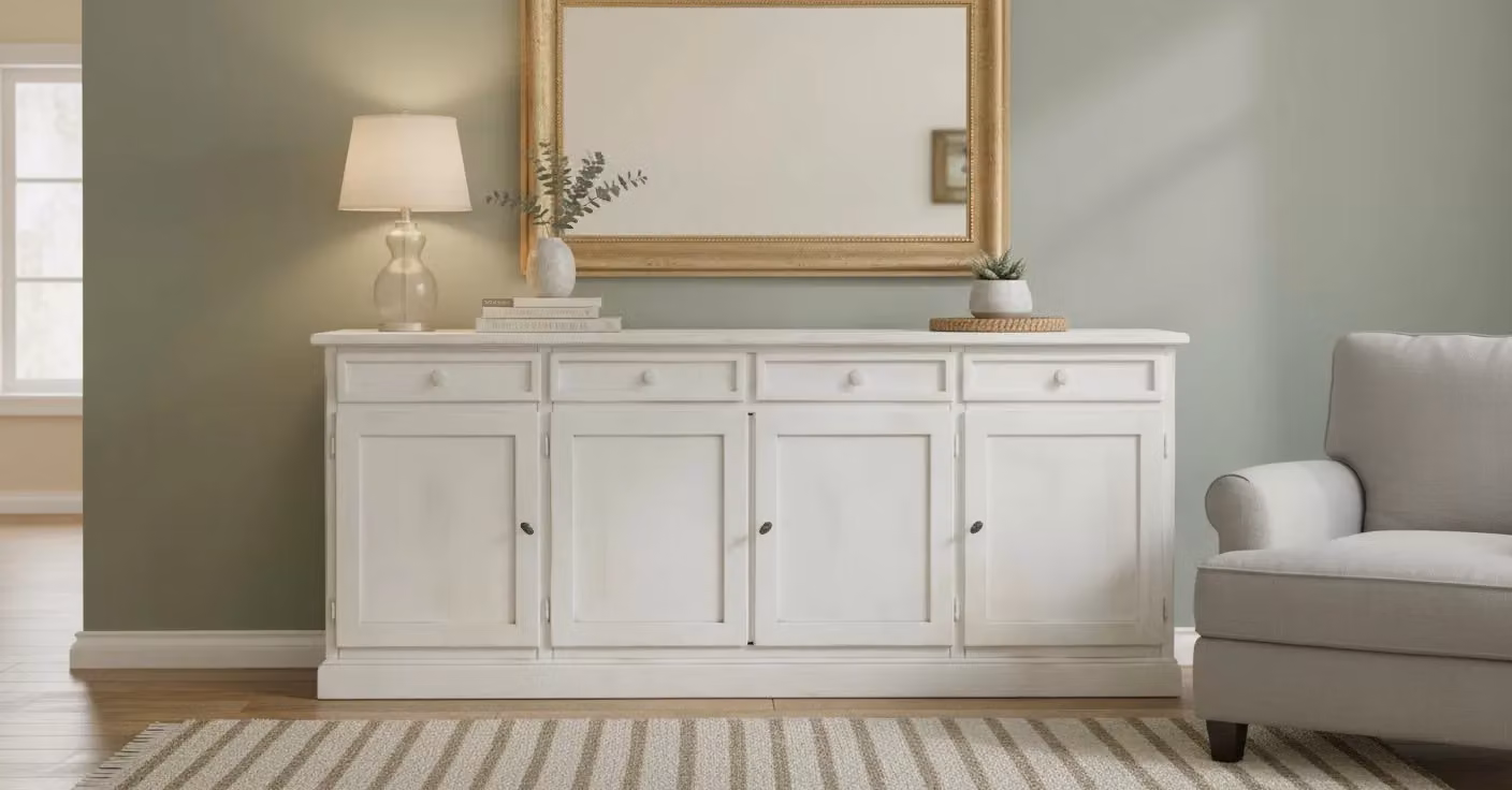 Madia credenza shabby chic in legno con 4 porte bianco consumato Mobili 2G L/P/H: 205 x 42 x 85 cm – 2