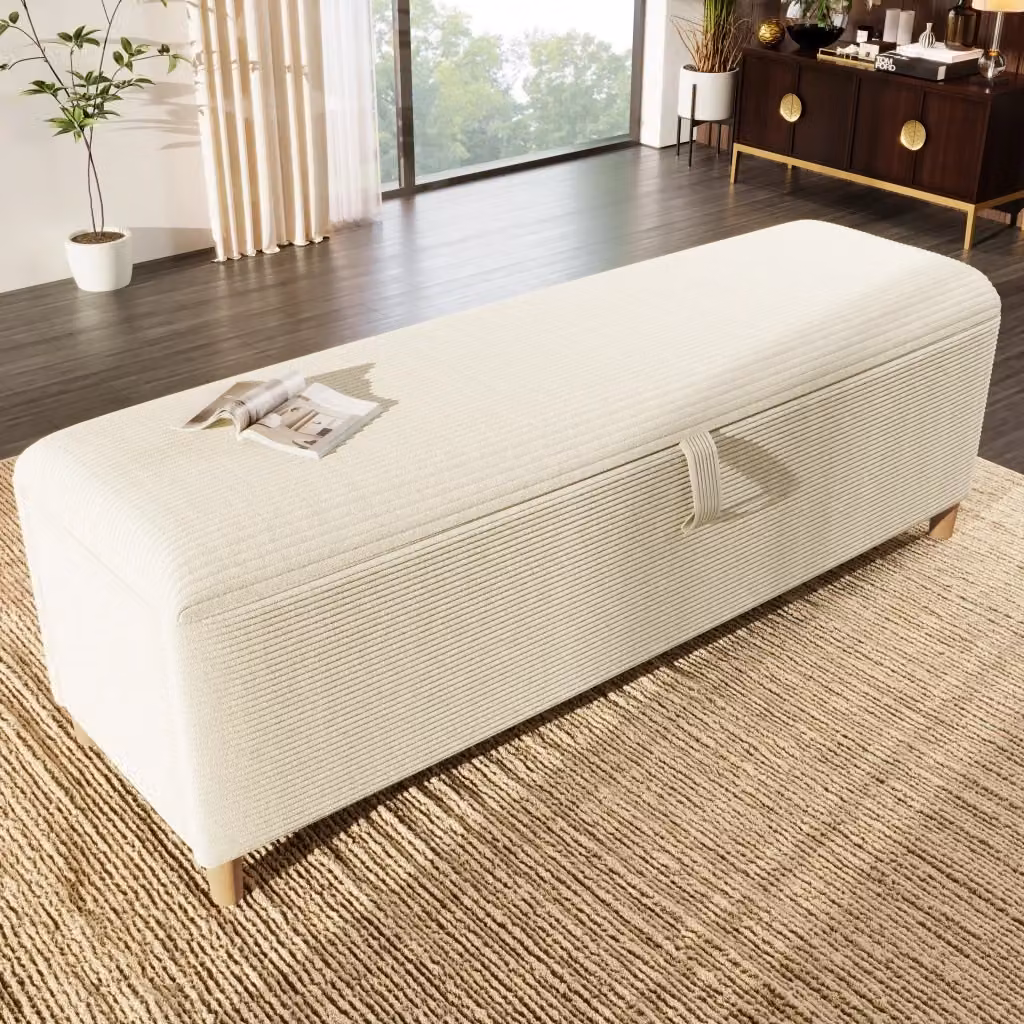Panca contenitore OKWISH in velluto a coste beige con apertura idraulica e gambe in legno massello per camera da letto o soggiorno L: 100 cm, P: 40 cm, H: 46 cm – 2