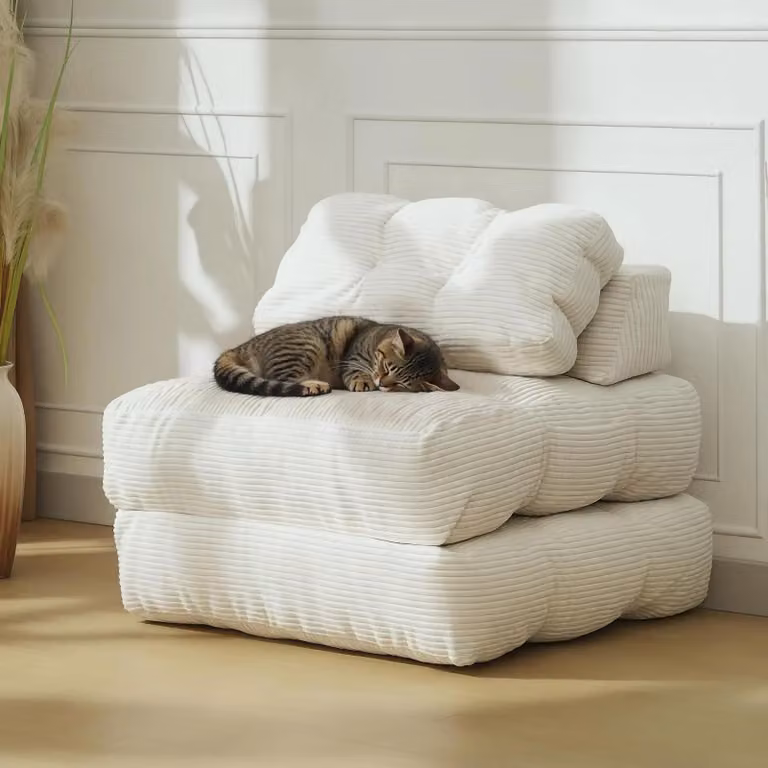 Divano letto pieghevole - Divano letto a terra con schienale - Materasso removibile - Cuscini - Materiale in poliuretano - 200 x 85 x 20 cm - Beige