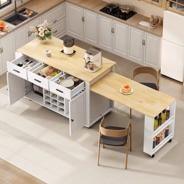 Isola cucina con piano estraibile 136-223 cm; carrello cucina con cassetti e prese; MDF; bianco e rovere