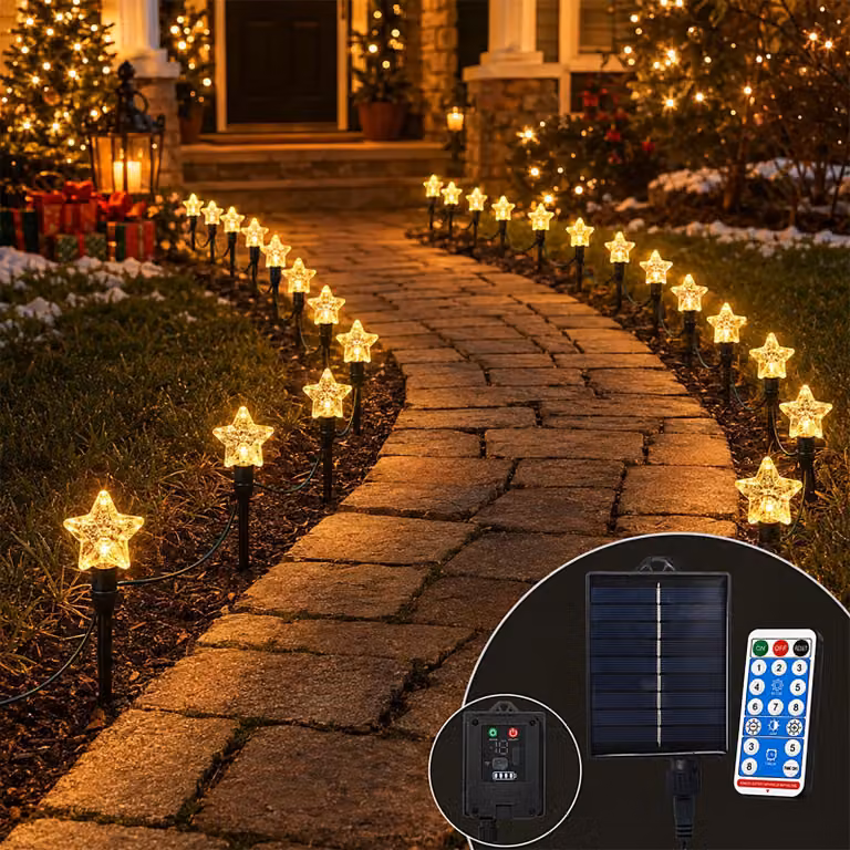 Riscaldatore solare a picchetto, 7 metri, 50 LED, luce bianco caldo, grado di protezione IP65, con telecomando