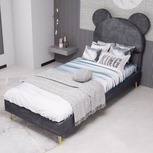 Letto contenitore per bambini 200 × 90 cm con testiera sagomata, vano ad apertura pneumatica, senza materasso, grigio