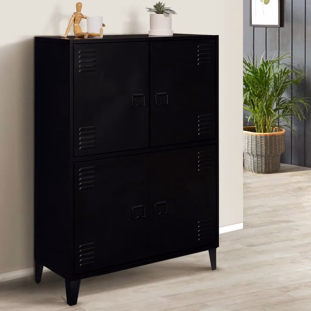 Armadio a 4 ante in stile industriale con ripiani interni in metallo nero e legno L/P/H: 110 x 80 x 30 cm – 2